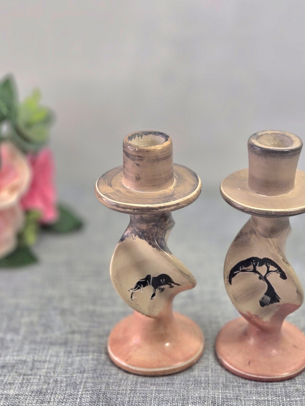 Vintage Hand Carved Soapstone Spiral Taper Candle Holders Set Of 2 Elephant Tree